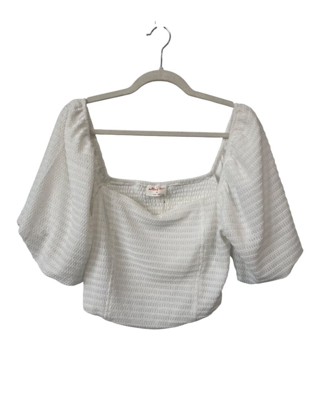 Allie Rose Crop Top Medium Jacquard Knit Short Puff Sleeves Smocked White NEW